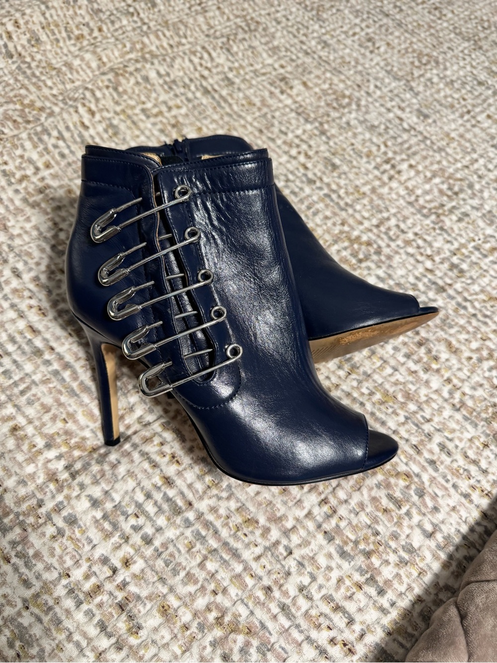Katy Perry Navy Leather Peep-Toe Stiletto Ankle Boots with Silver Hardware